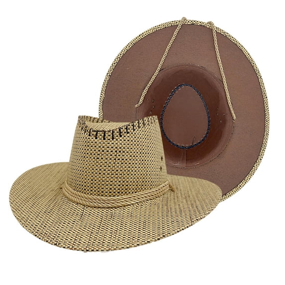 VONCOS Khaki Straw Cowboy Hat Wide Brim Western Style Breathable Sun Protection Unisex for Outdoor Summer Vacation Country Concert Adjustable,Size M