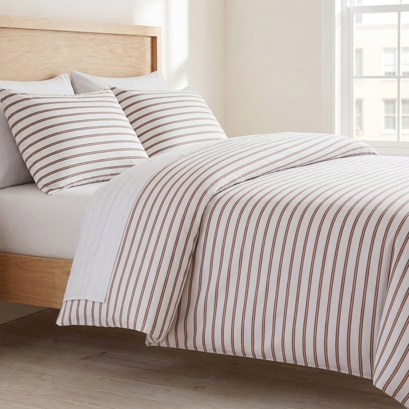 Khaki Striped Duvet Cover Set King Size,100% Cotton Bedding Set,Luxury Sateen Weave Silky Smooth Breathable Bedding Comforter Cover 3 Pcs with Zipper Closure and 8 Corner Ties
