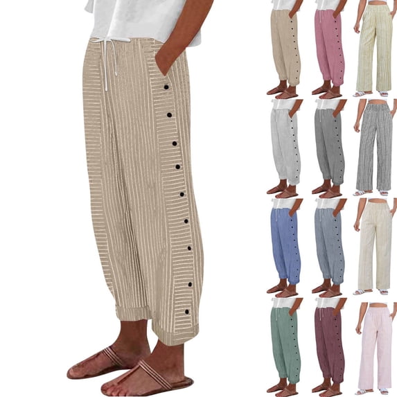 Khaki Striped Pants for Women High Waisted Wide Leg Cotton Linen Trendy Beach Pull on Elastic Waist Casual Flowy Pants S