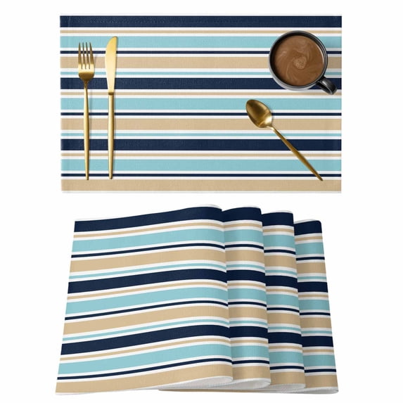 Khaki Striped Placemats Set of 8 Navy Blue Farmhouse Stripes Modern Abstract Art Place Mats Indoor Wipeable Table Mats Washable Dining Table Placemats for Kitchen Holiday Party Home Decor 13x19 Inch