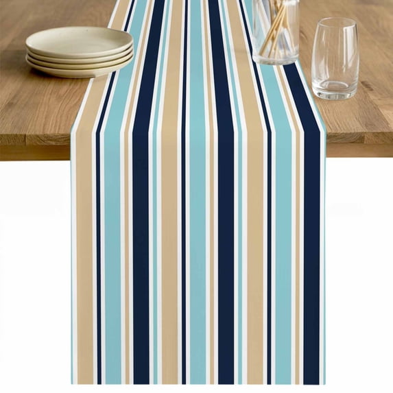 Khaki Striped Table Runner - 36 Inch Long Navy Blue Farmhouse Stripes Modern Abstract Art Cotton and Linen Blended Dress Scarves Farmhouse Table Runner for Kitchen Dining, Coffee Table, 13" x 36"