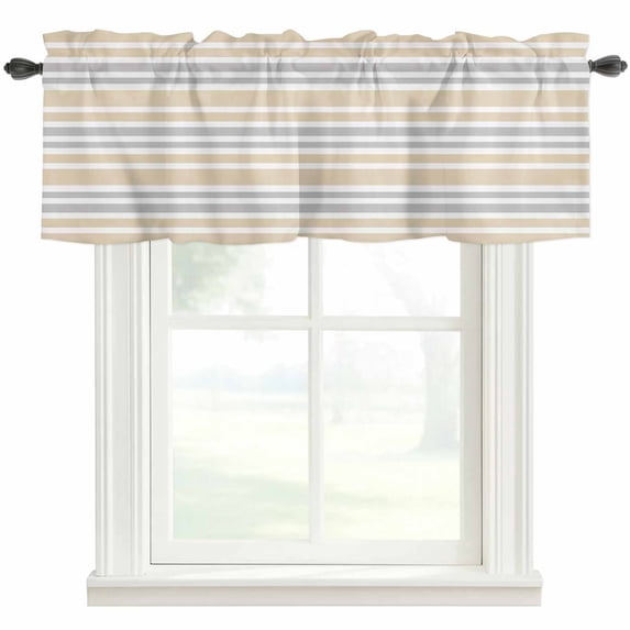 Khaki Stripes Farmhouse Short Window Curtain Valances, Modern Minimalist Horizontal Ombre Lines Rod Pocket Kitchen Valances for Living Room Bedroom Bathroom Cafe 42" x 18"
