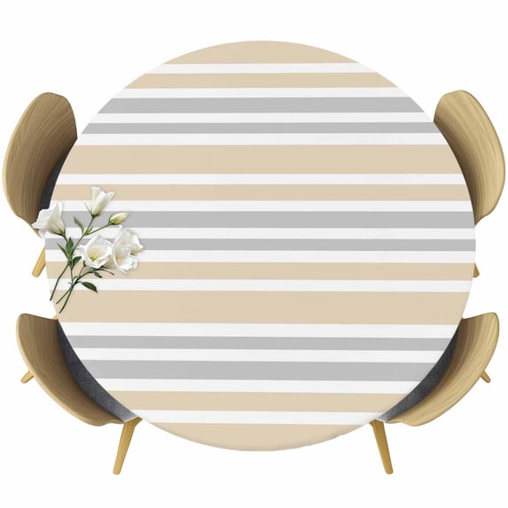 Khaki Stripes Round Tablecloth, Fitted Table Cover with Elastic for 45"-54" Round Tables, Modern Minimalist Horizontal Ombre Lines Table Cloth Outdoor Indoor Dinning Party Waterproof Tablecloths