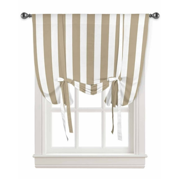 Khaki Stripes Tie Up Curtains for Kitchen Bathroom Bedroom Windows 45 Inch Length, Farmhouse Brown Simple Vertical Striped Balloon Drape Curtains Shade Rod Pocket Drapery Curtain Panel, 42"x45"