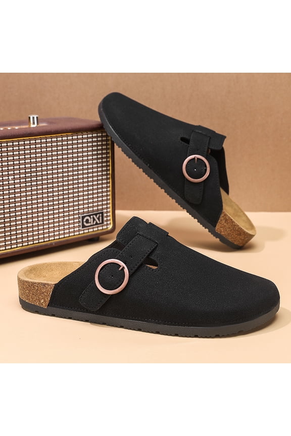 Khaki Suede Single Buckle Cork Insole Closed Toe Mule Clogs
