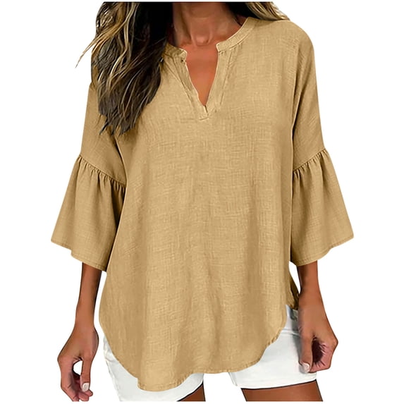 Khaki T Shirt for Women Fall Summer Ruffle 3/4 Length Sleeve Vneck Lace Faux Gauze Linen Plain Tops T shirt Ladies 2026 Clothes Fashion Regular Fit Y2K XXL