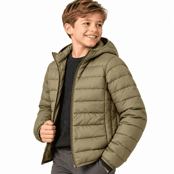Khaki Teen Boys Lightweight Padded Jacket Size 16-17 Years, Hooded Full-Zip Winter Warm Coat with Side Pockets for Casual Layering and Outerwear Clothes