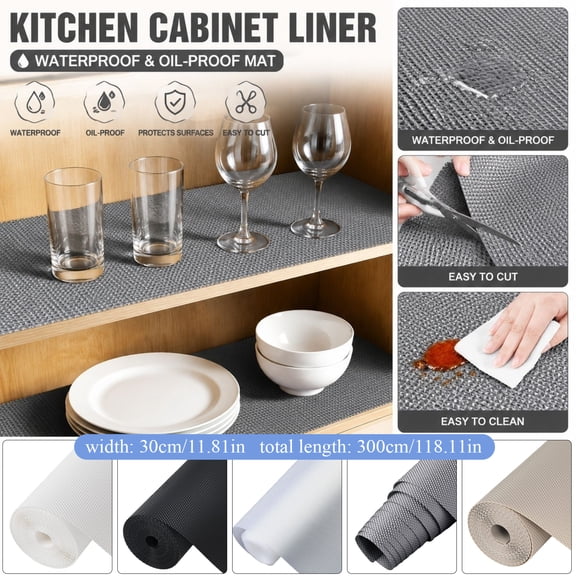 Khaki Thick EVA Kitchen Cabinet Liner Mat, Waterproof Oil-Proof Non-Adhesive Anti-Slip Drawer Shelf Protector Roll, Easy Cut Washable Cupboard Countertop Surface Protection Mat