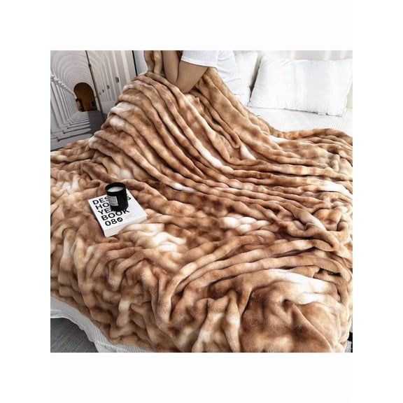 Khaki Thickened Faux Rabbit Fur Bubble Throw Blanket, Extra Warm Winter Cozy Bed Sofa Cover, King/Queen Size