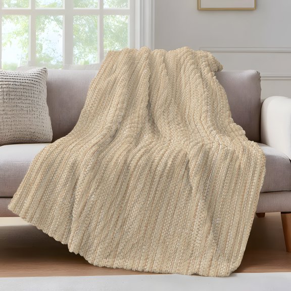 Khaki Throw Blanket for Couch Country Vintage Minimalist Solid Color Backdrop Soft and Warm Flannel 3D Striped Fluffy Fuzzy Fleece Blanket Lightweight Throw for Bed, Sofa 40 x 60 Inches