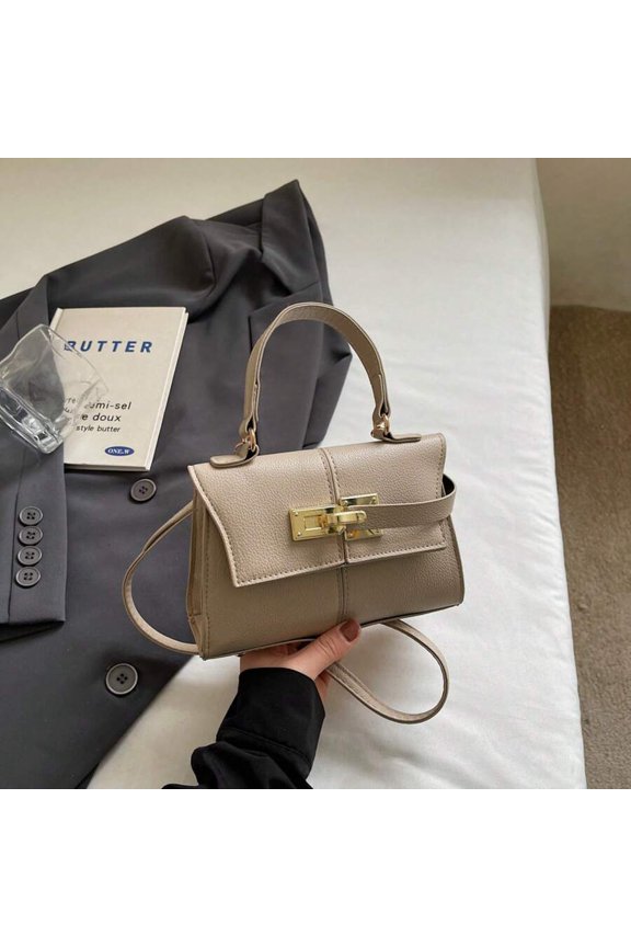 Khaki Trapezoid Mini Shoulder Bag With Gold-Tone Lock Clasp And Top Handle
