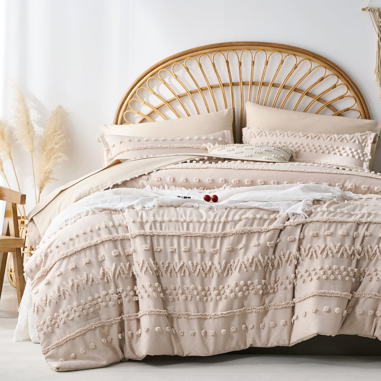 Khaki Tufted Boho Shabby Chic Queen Microfiber Bed in a Bag Set