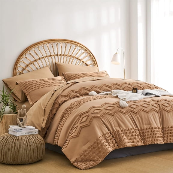 Khaki Tufted Comforter Set  Size 7 count Bed in a Bag, Shabby Chic Boho Comforter and Sheet Set, Pom Pom Textured Bed Set,  Season Soft Microfiber Complete Bedding Set(Khaki,)