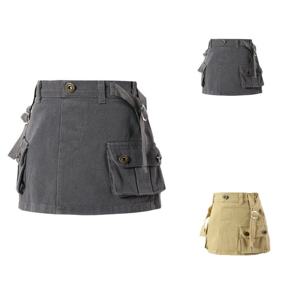 Khaki Uniform Skirts Girls School Pleated Skirts Solid Cargo Lace Up Skirt Low Waist Large Pocket School Skirts Girls Khaki 6 Years-7 Years
