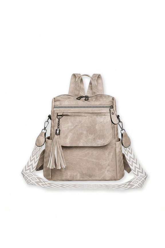 Khaki Vegan Leather Multi-Way Backpack With Tassel & Geometric Strap