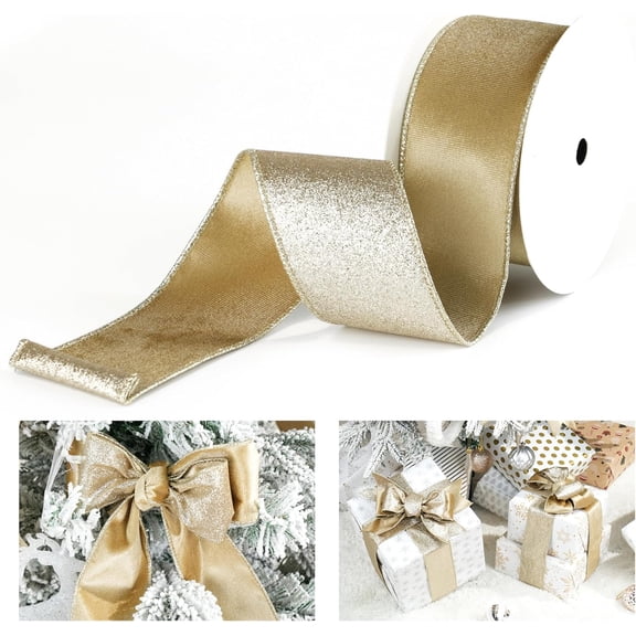 Khaki Velvet Wired Ribbon with Glitter Back 2.5 Inch Gold Christmas Ribbon Wired Reversible Ribbon for Christmas Tree Decorations, Gift Wrapping, Crafts, Wreaths Supplies, Bows (10 Yards)