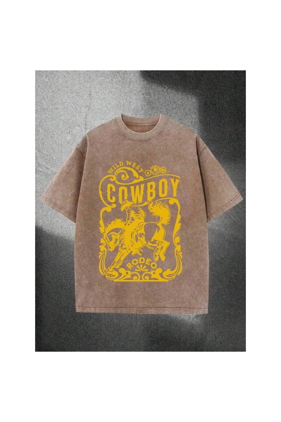 Khaki Washed Cotton Graphic T-Shirt, Wild West Cowboy Rodeo Print, Oversized Crew Neck Streetwear Tee