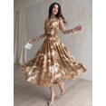 thumbnail image 1 of Khaki Watercolor Floral Print Halter Neck Smocked Waist A-Line Maxi Dress For Women, 1 of 7