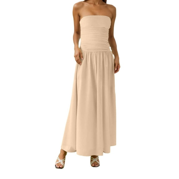 Khaki Wedding Guest Dress Women's Elegant Strapless Maxi Dress Summer Casual Boho Flowy Beach Wedding Party Gown with Ruffles and Side Slit S Polyester Women's Casual Dress