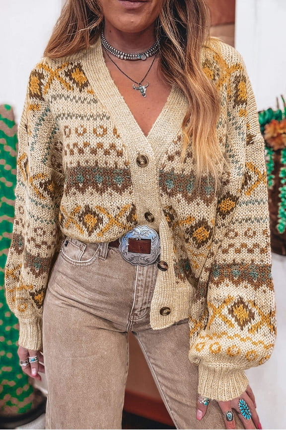 Khaki Western Pattern Knitted Button V Neck Cardigan Sweater