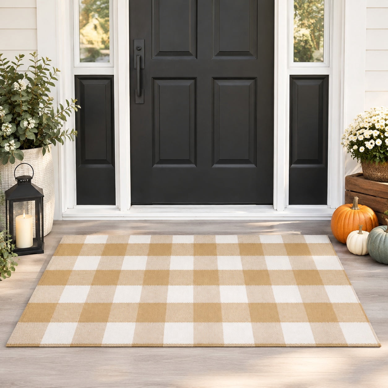 Khaki White Checkered Cotton Washable Outdoor Rug 24