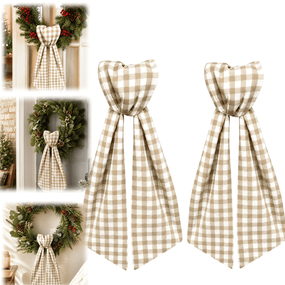 Khaki White Gingham Wreath Sash 2 Pack for Front Door, 5" x 55" BuffaloCheck Plaid Bow Sash, Neutral YearRound Farmhouse Boho Home Decor for Fall, Wedding, Holiday