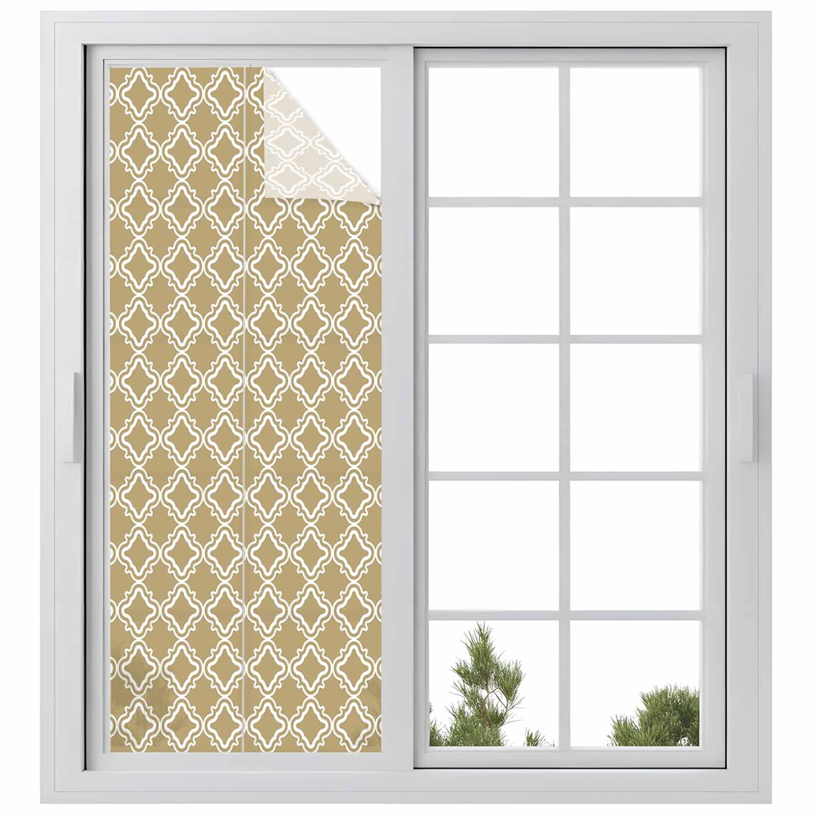 Khaki White Plaid Window Privacy Film, Abstract Khaki Morocco Texture Frosted Glass Window Clings Static Cling UV Heat Blocking Reusable Door Sticker for Bathroom 23.6 x 59 Inch