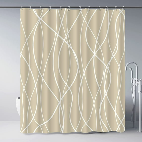 Khaki White Shower Curtain for Bathroom with Hooks, Shower Curtain Set, White Stripe Bath Curtains Decor Shower Curtains Water Repellent Washable, 72x72