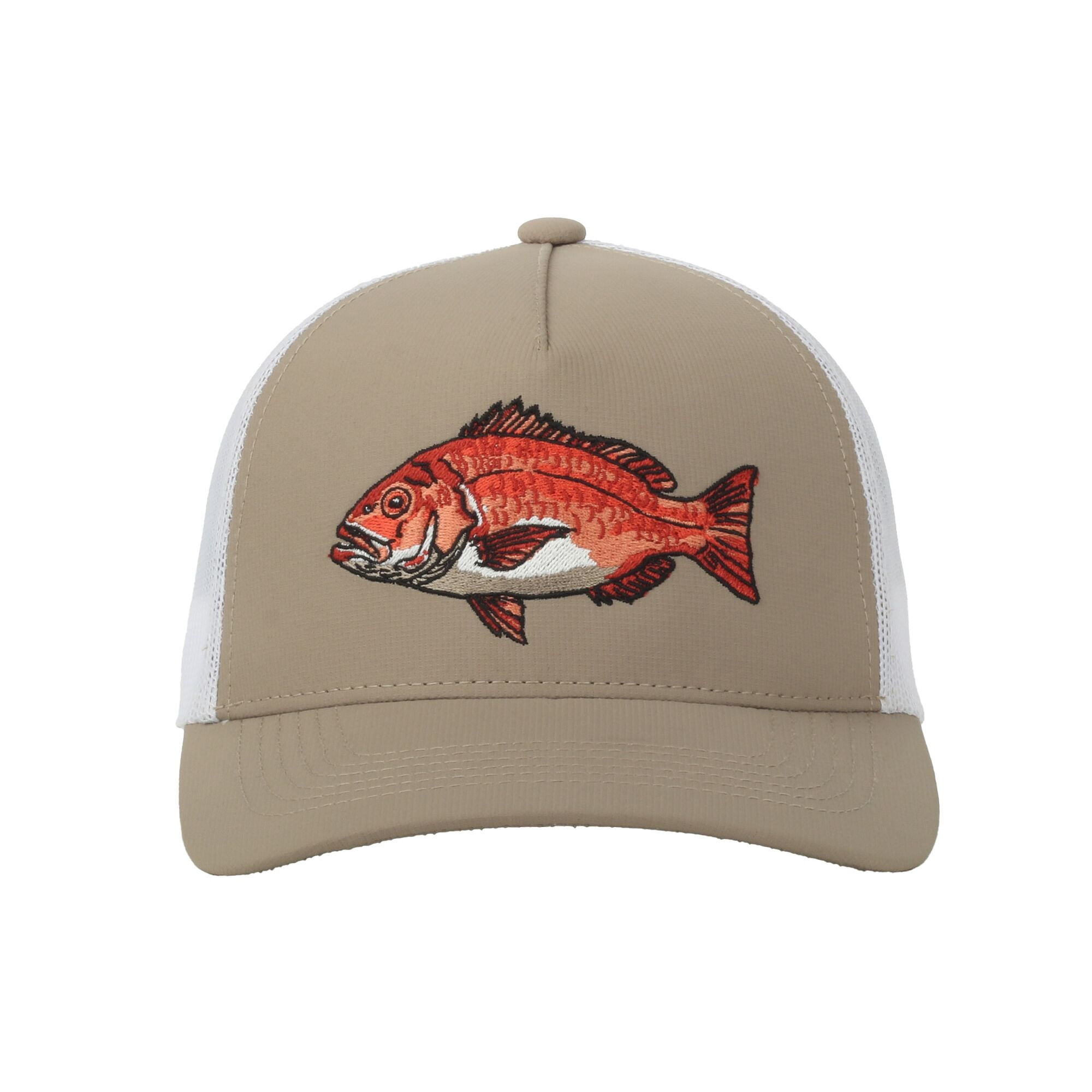 Khaki/White Red Snapper 5-Panel Fishing Cap – Structured, Embroidered, Snapback, One Size
