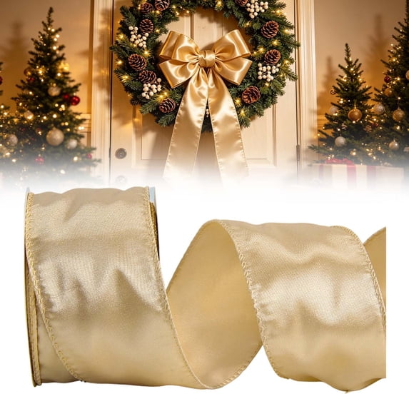 Khaki Wired Ribbon, Crimped Edge Ribbon for Christmas Wreath Garland, Used for Gift Packaging and Christmas Tree Decoration