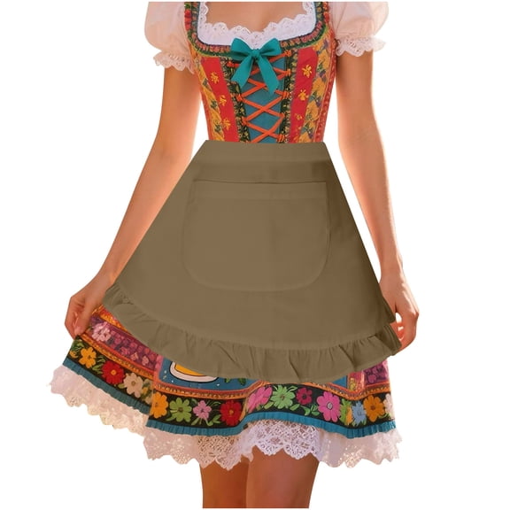 Khaki Women Apron With Solid Design And Pocket For Festive Occasions Made From 100 Percent Polyester With Lace Details And Adjustable Fit