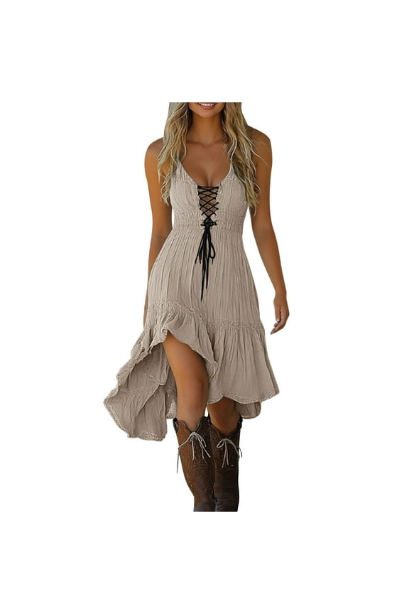 Khaki Women Beach Formal Date Night Evening Gowns Festival Sleeveless Dresses Homecoming Dresses for Women Lace Faux Linen Waves Midi Hawaiian Fall Summer 2025 XL