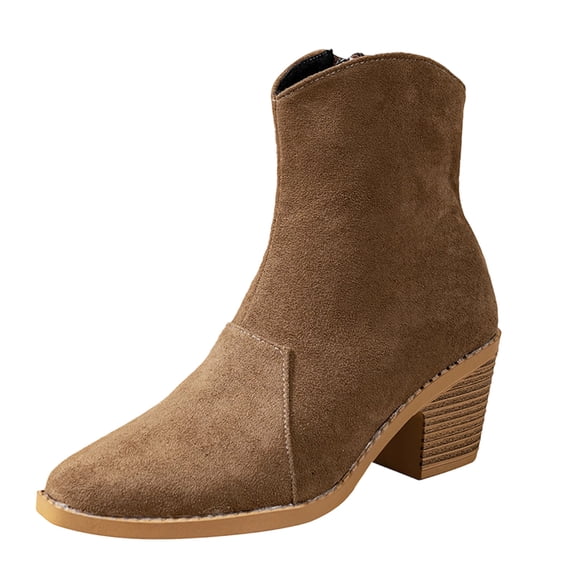 Khaki Women Casual Short Boots With Square Toe Embellishment And Thick Heel For Everyday Comfort And Slight Lift Perfect For Winter Fall