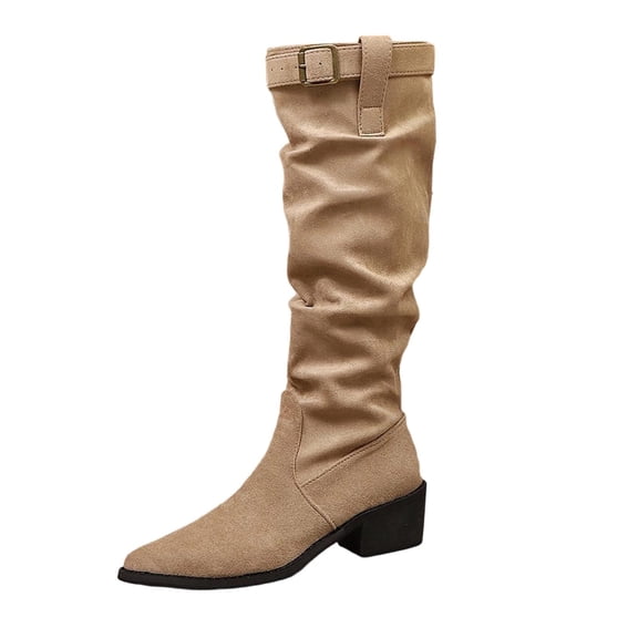 Khaki Women Chic Leisure Pointed Toe Slouch Boots With Buckle Highlight And Low Heel For Versatile Styling