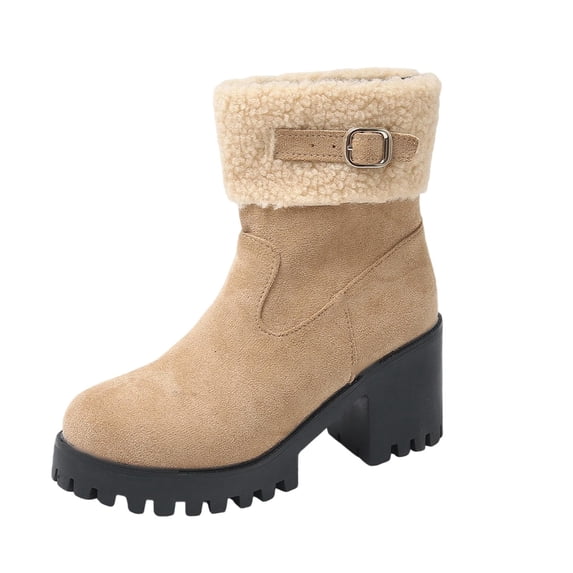 Khaki Women Everyday Boots With High Heel And Chunky Build Plus Furry Toe For A Warm Wear