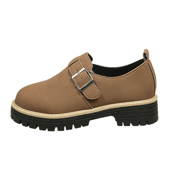 Khaki Women Fashionable Casual British Style Versatile Round Headed Metal Square Buckle Shoes With Sponge Cake Thick Sole Deep Mouth And Durable Build