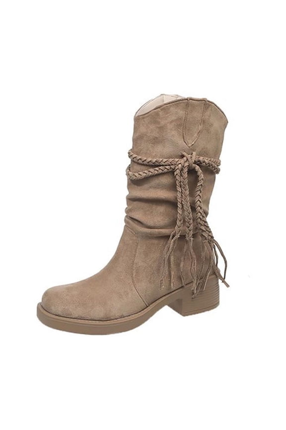 Khaki Women Knee High Boots Round Square Toe Low Heel Mid Calf Winter Casual Boots Chunky Heel Comfortable Warm Wear