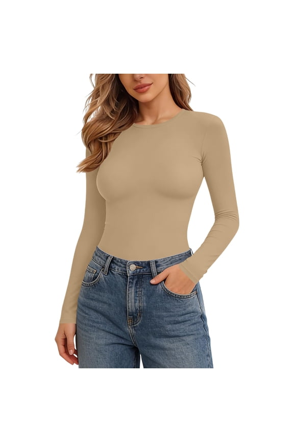Khaki Women Long Sleeve Bodycon Overalls Shapewear Bodysuit One Piece for Women Faux Silk Going Out Triangle Lower Belly Fat Basic Bodysuit 2026 Clothing Fashion XS