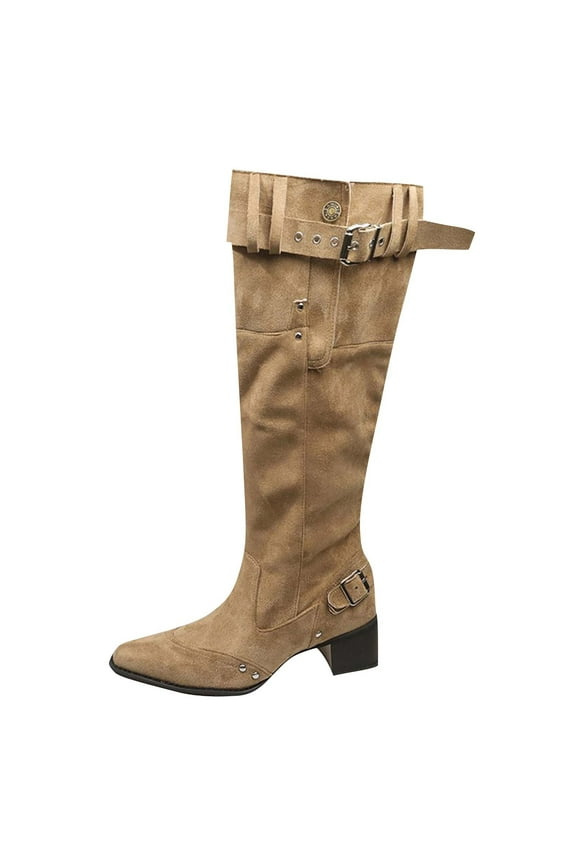 Khaki Women Mid Heel Mid Calf Boots Belt Buckle Pointed Toe Thick Heel Fall Winter Fashion Trend Comfortable Boots