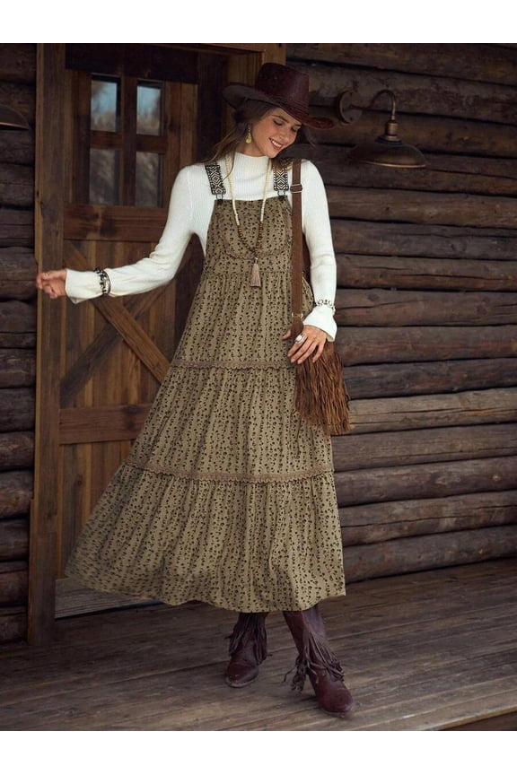 Khaki Women Pinafore Long Dress With Tiered Hem, Embroidered Straps And Fringe Detail Boho Style