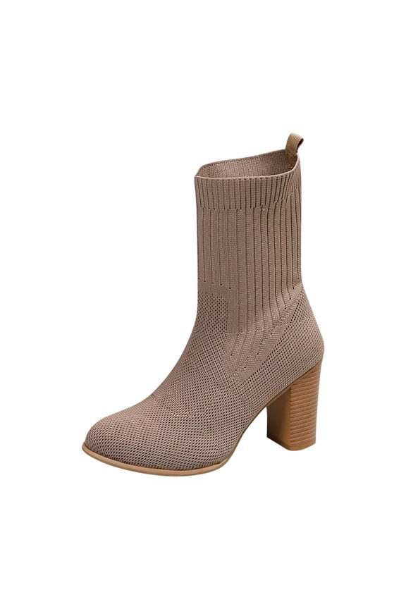 Khaki Women Pointed Toe Sock Boots Stretchy Knit Material High Heel Ankle Booties