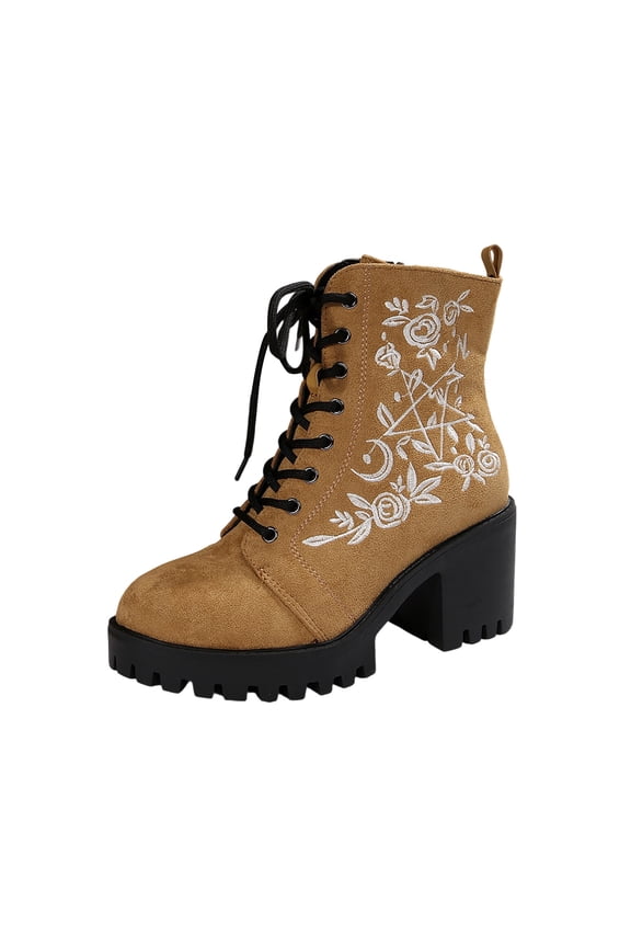 Khaki Women'S Ankle Boots Featuring An Embroidered Print, Lace-Up Closure, Side Zipper, Chunky Mid Heel For Versatility