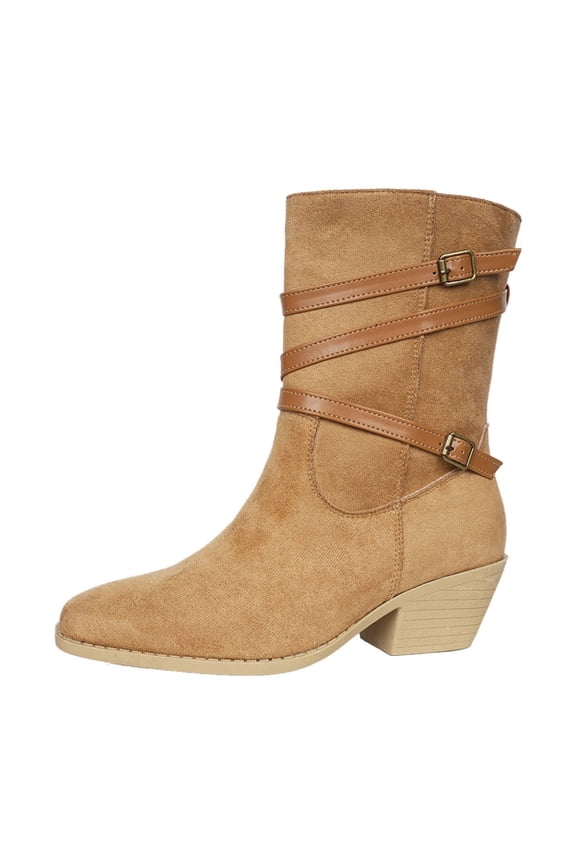 Khaki Women'S Ankle Boots With A Belt Buckle Accent, Pointed Toe, Side Zipper, Chunky Heel For An Earthy Edge