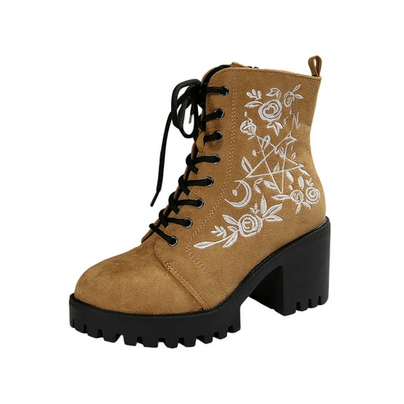 Khaki Women'S Ankle Boots With Embroidered Print Detail, Lace-Up Front, Side Zipper, Chunky Heel For An Earthy Style