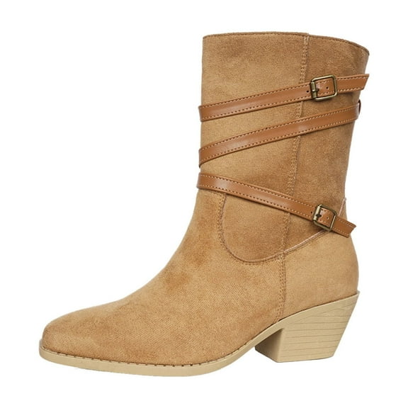 Khaki Women'S Casual Boots With A Hardware Buckle, Pointed Toe, Side Zipper, Mid Heel For A Desert Inspired Vibe