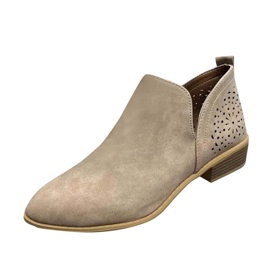 Khaki Women'S Chic Low Heel Boots With Pointed Toe And Hollow Design, Perfect For Autumn