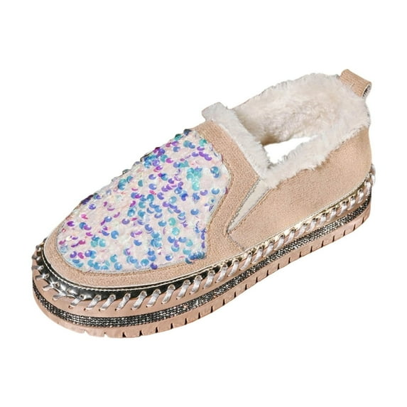 Khaki Women'S Comfort Flats With Sequined Design And Fleece Lining Perfect For Cold Seasons