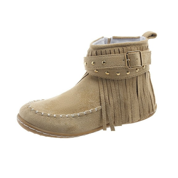 Khaki Women'S Fashionable Boots With Tassel Detail, Side Zipper And Flat Heel For A Comfortable Winter Look