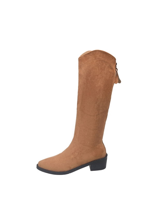 Khaki Women'S Knee-High Boots Winter Pointed Toe Back Zipper Chunky Low Heel Solid Color Below Knee Non-Slip Soft Sole Daily Wear Footwear Size 43