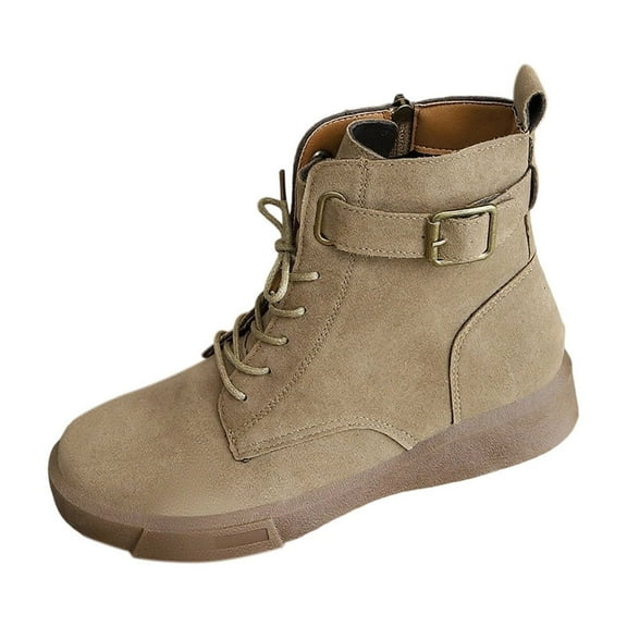 Khaki Women'S Low Heel Boots With Lace-Up And Buckle Design For Fall Winter Comfortable Wear